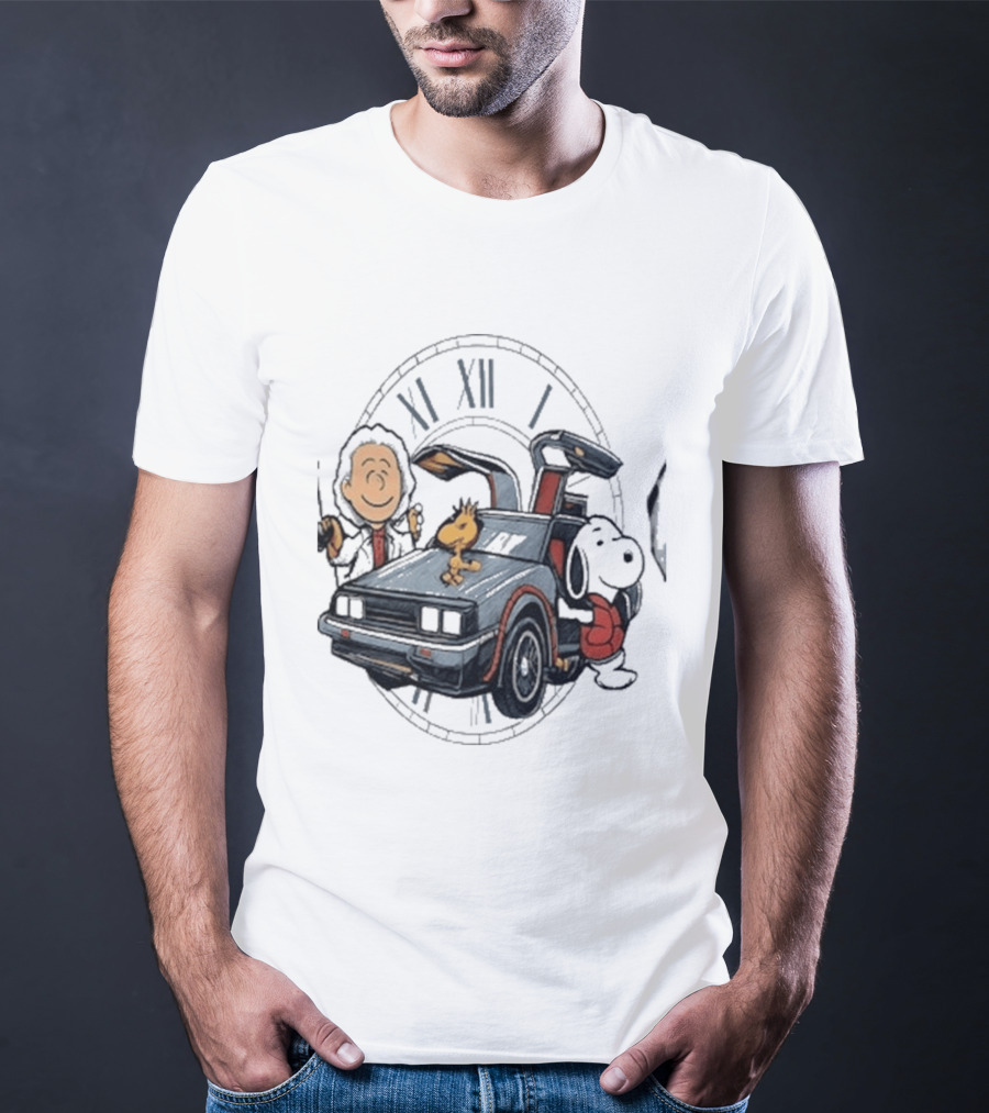 Peanuts Characters With DeLorean Time Machine And T-Shirt