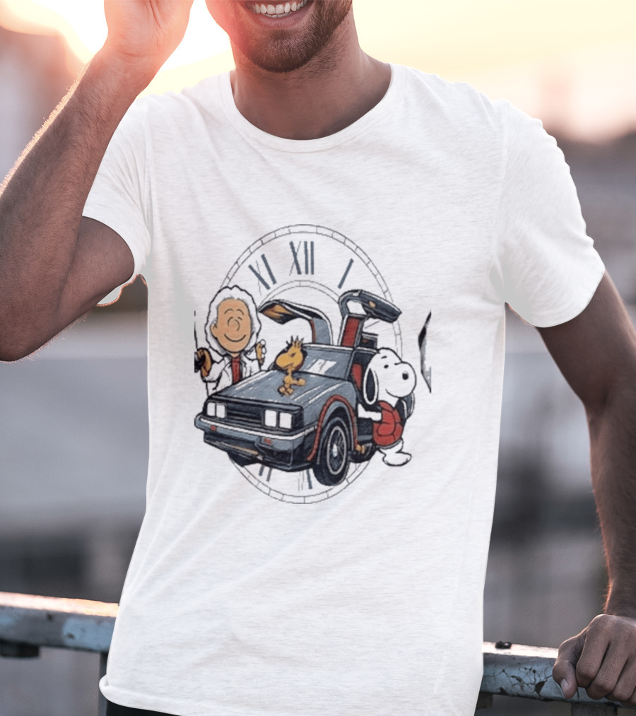 Peanuts Characters With DeLorean Time Machine And T-Shirt