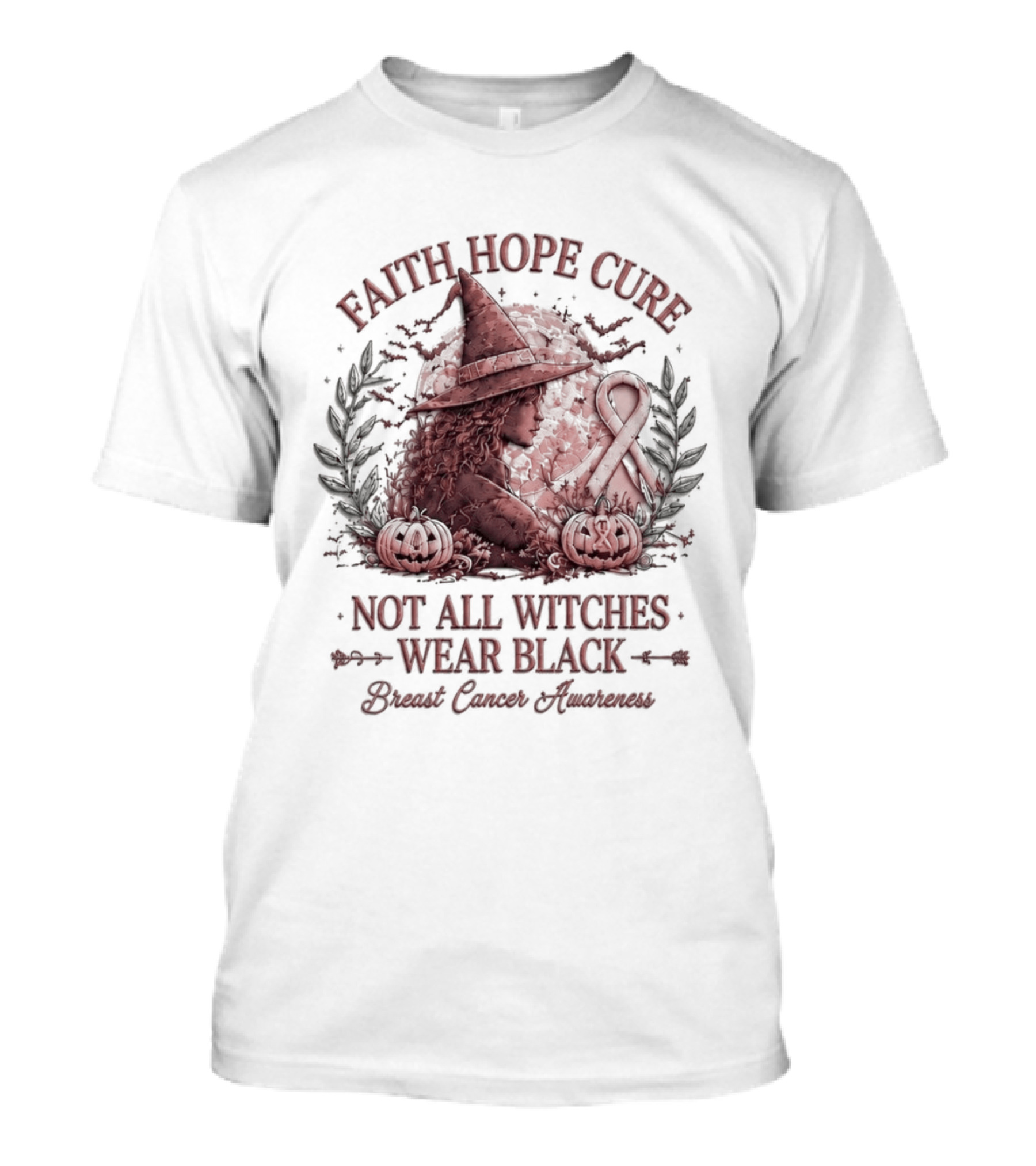Faith Hope Cure Not All Witches Wear Black Breast Cancer Awareness Pumpkin Hat T-Shirt