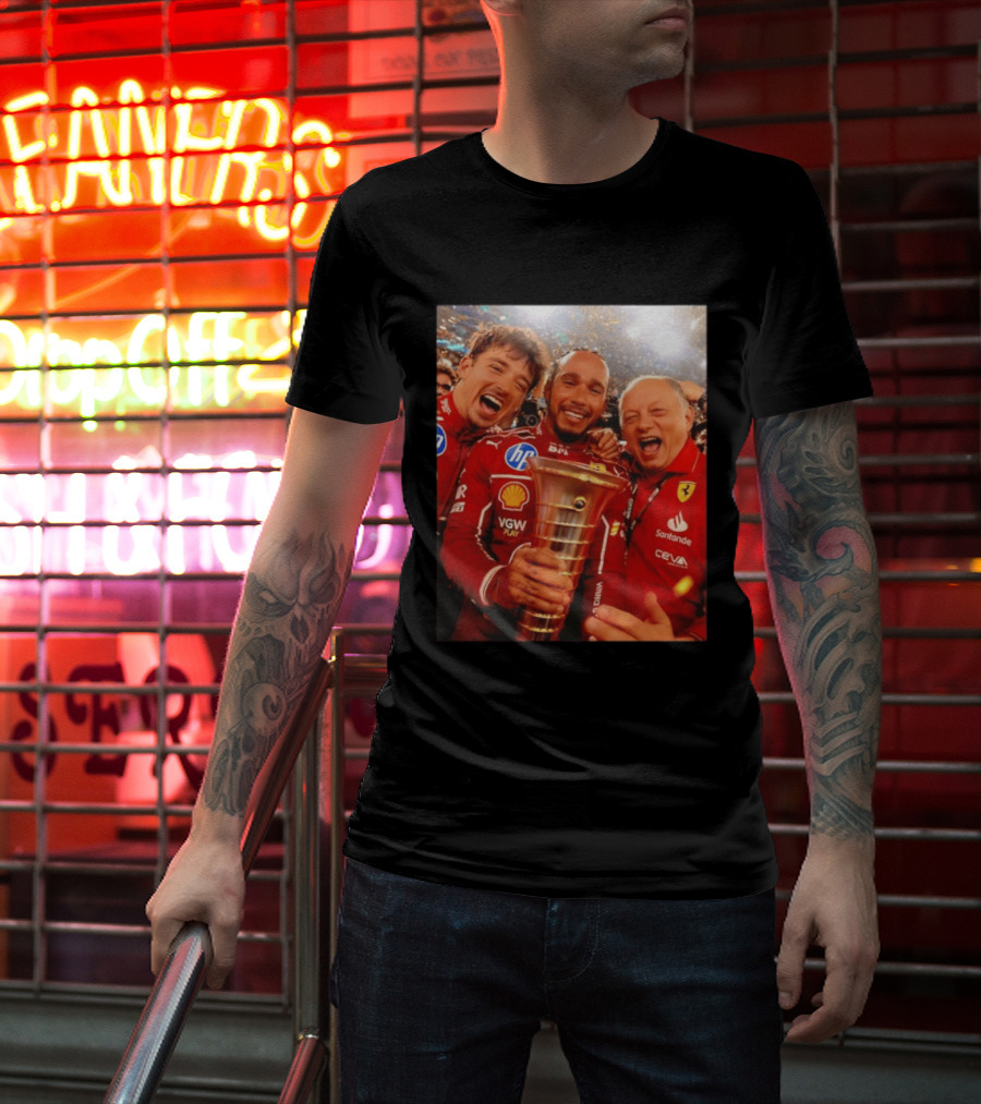 Charles Leclerc Lewis Hamilton Frederic Vasseur Ferrari Victory Celebration Trophy BP Shell Santander CEVA Racing T-Shirt