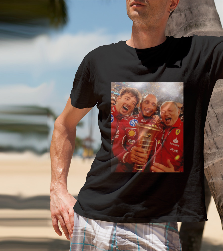 Charles Leclerc Lewis Hamilton Frederic Vasseur Ferrari Victory Celebration Trophy BP Shell Santander CEVA Racing T-Shirt