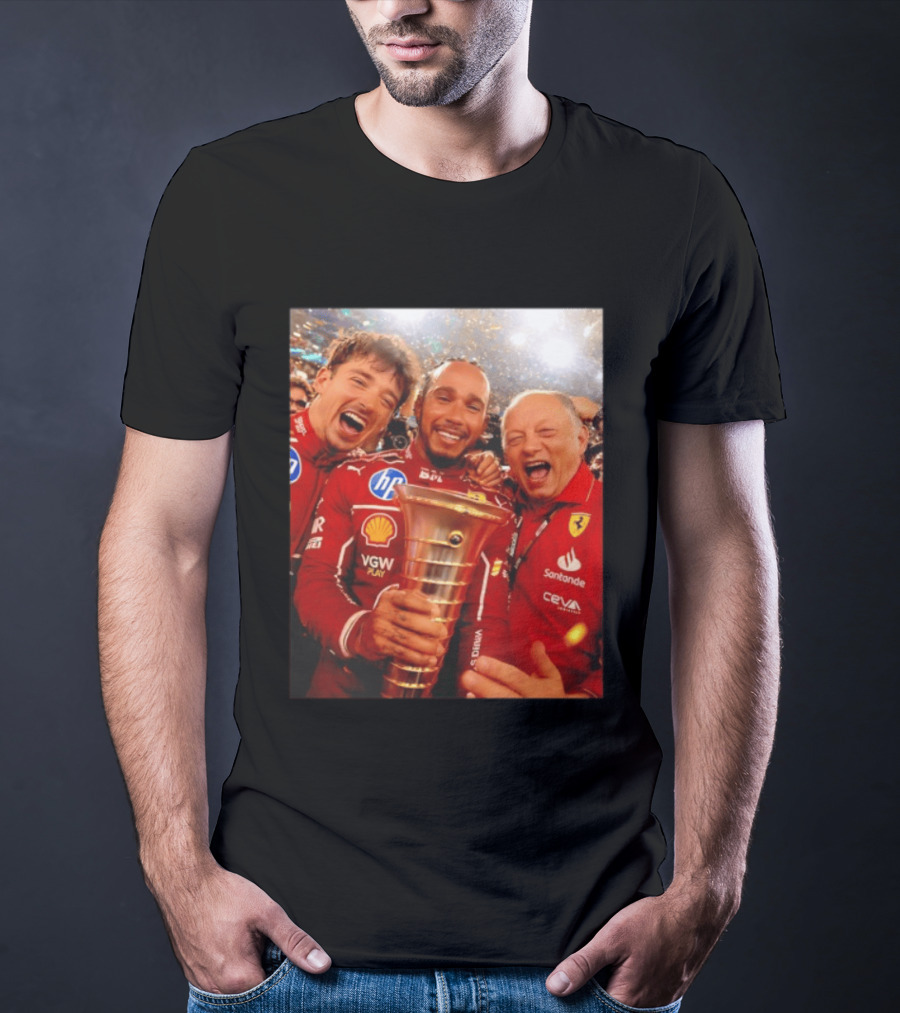 Charles Leclerc Lewis Hamilton Frederic Vasseur Ferrari Victory Celebration Trophy BP Shell Santander CEVA Racing T-Shirt