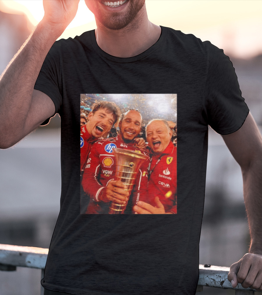 Charles Leclerc Lewis Hamilton Frederic Vasseur Ferrari Victory Celebration Trophy BP Shell Santander CEVA Racing T-Shirt
