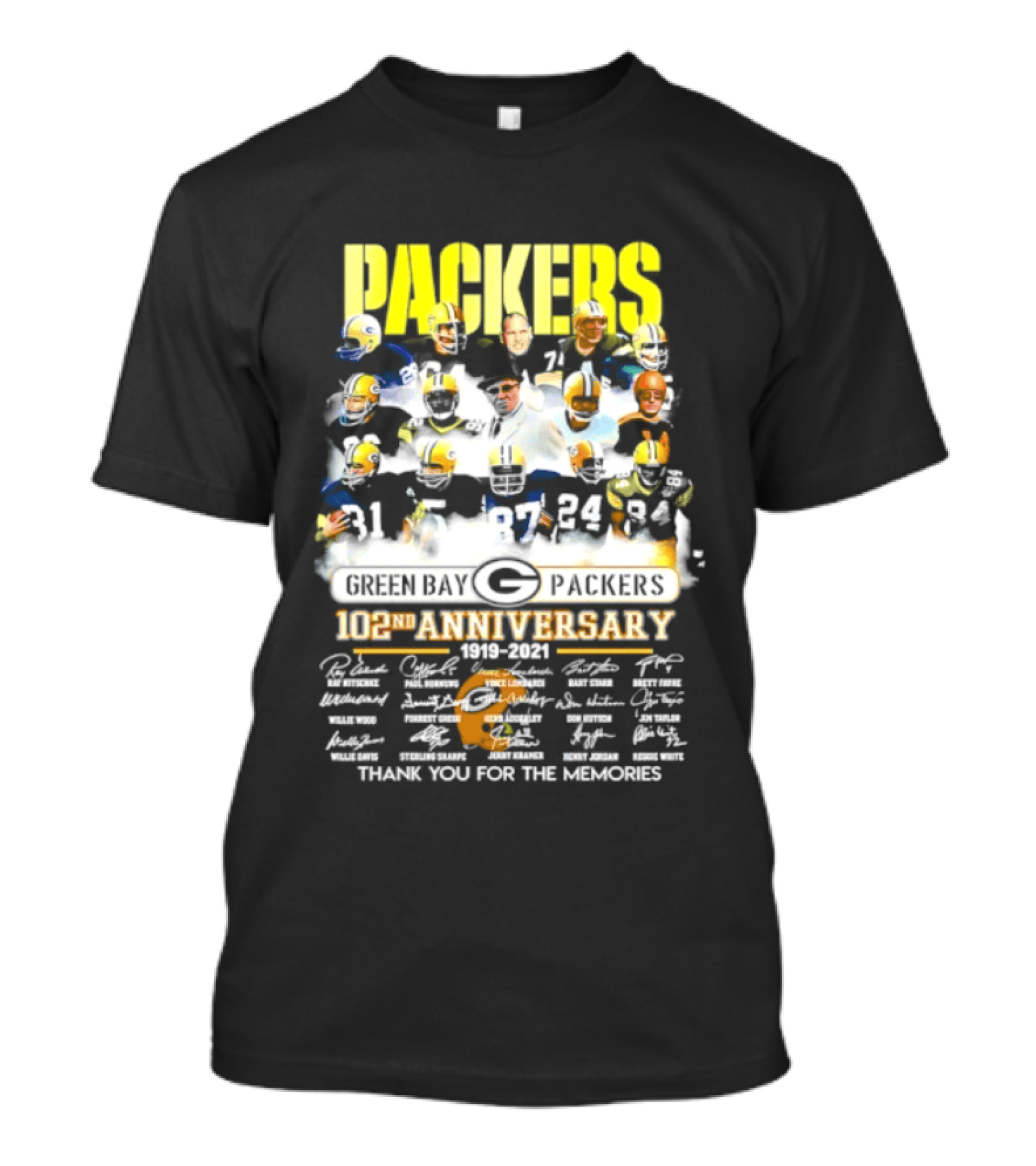 Green Bay Packers 102nd Anniversary 1919 2021 Thank You For The Memories Packers Legends Signatures Collection T-Shirt