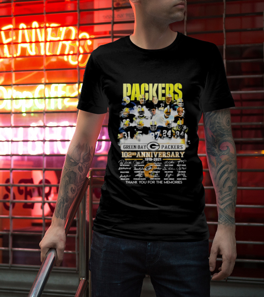 Green Bay Packers 102nd Anniversary 1919 2021 Thank You For The Memories Packers Legends Signatures Collection T-Shirt