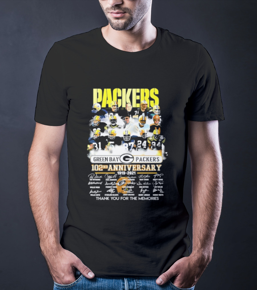 Green Bay Packers 102nd Anniversary 1919 2021 Thank You For The Memories Packers Legends Signatures Collection T-Shirt