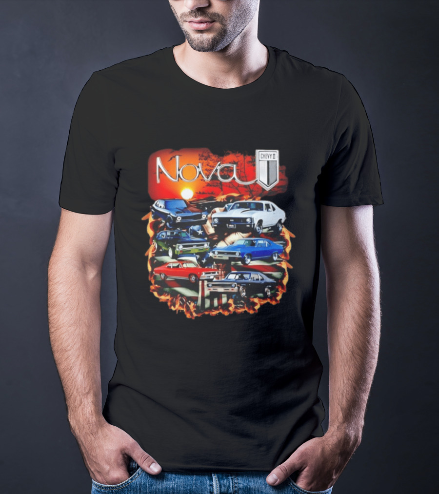 Nova Chevy II American Flag Muscle Car Collection Vintage Sunset T-Shirt