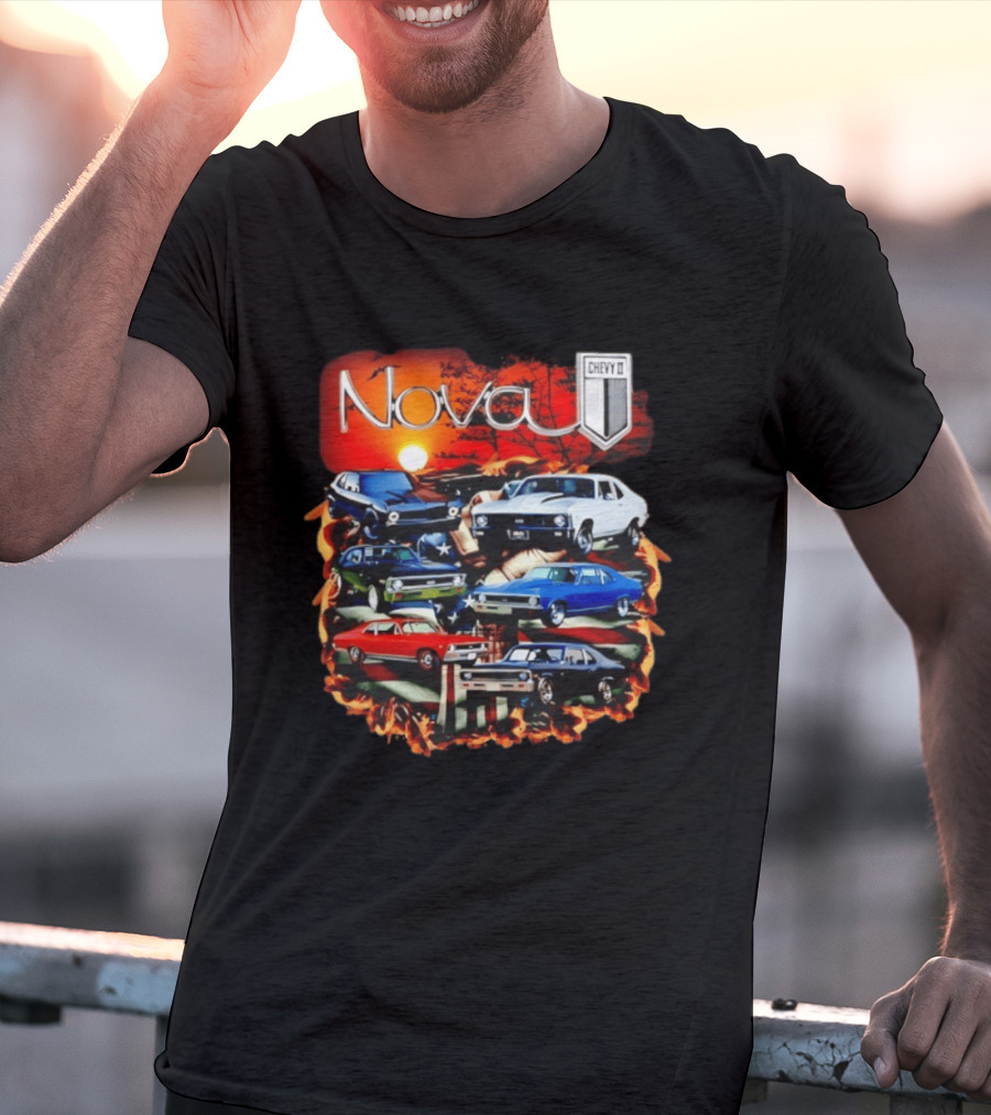 Nova Chevy II American Flag Muscle Car Collection Vintage Sunset T-Shirt