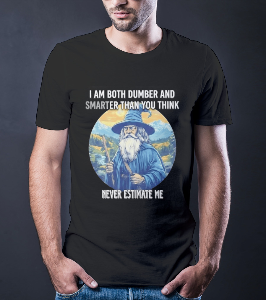 I Am Both Dumber And Smarter Than You Think Never Estimate Me Wizard Blue Robe And Hat Mountain T-Shirt
