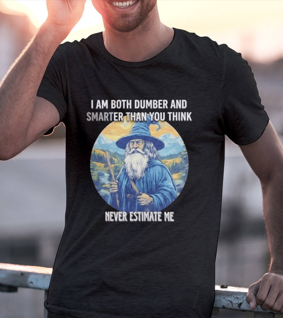 I Am Both Dumber And Smarter Than You Think Never Estimate Me Wizard Blue Robe And Hat Mountain T-Shirt