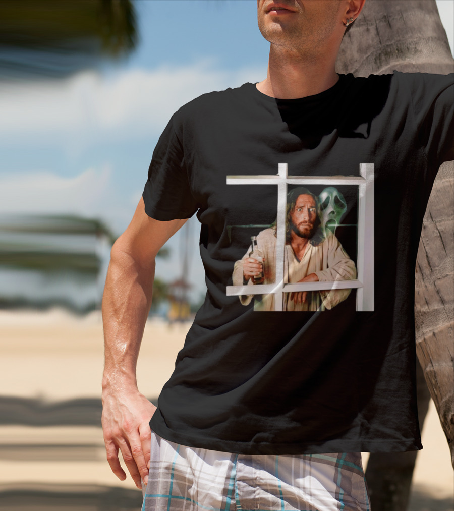 Jesus Drinking Whiskey With Ghostface Killer Behind Window T-Shirt