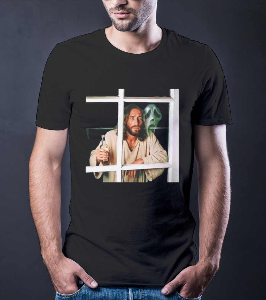 Jesus Drinking Whiskey With Ghostface Killer Behind Window T-Shirt