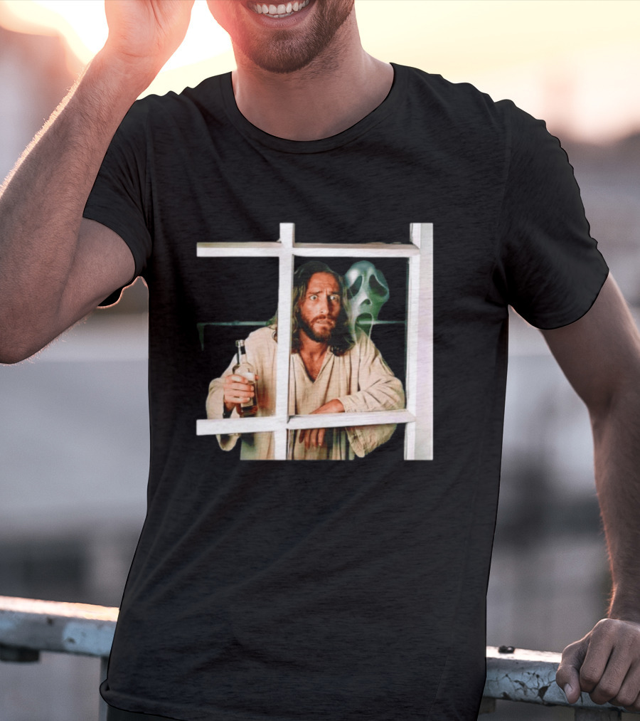 Jesus Drinking Whiskey With Ghostface Killer Behind Window T-Shirt