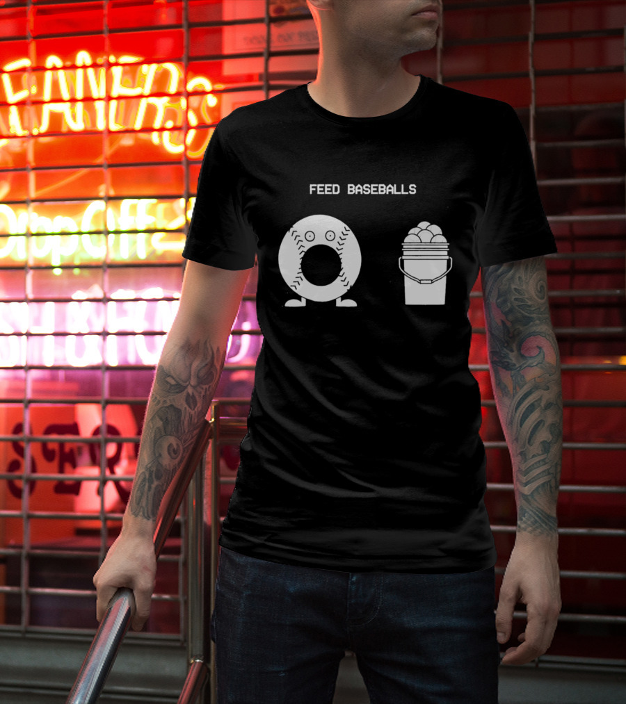 Feed Baseballs Funny Donut Character With Baseball Bucket T-Shirt