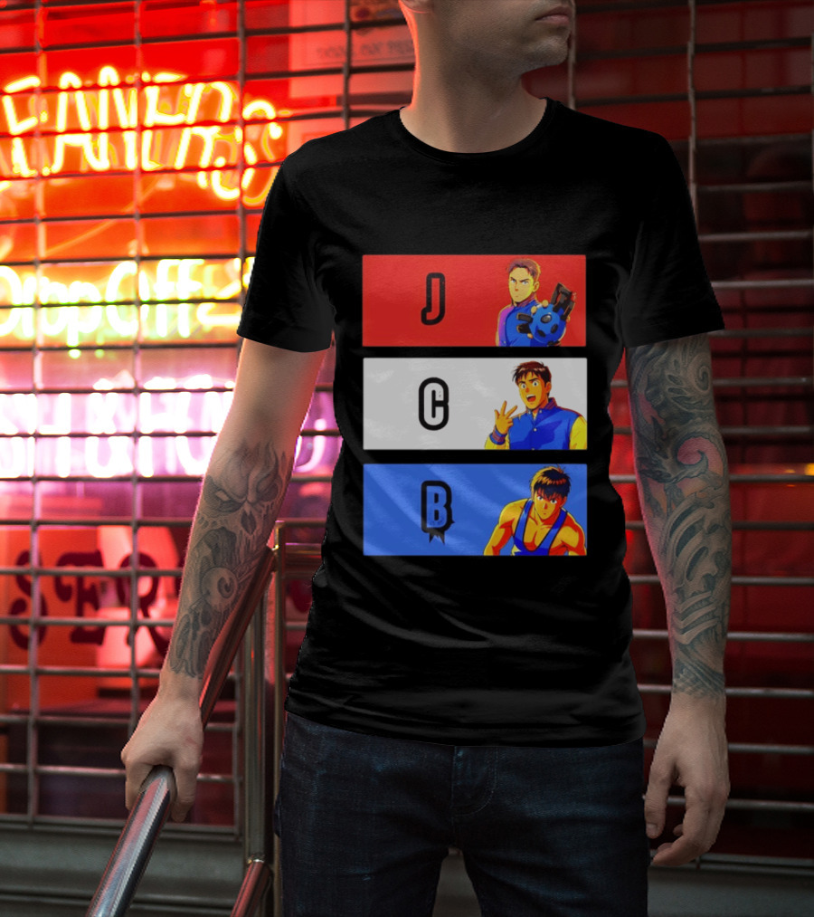 JCB Anime Characters Red White Blue Panels T-Shirt