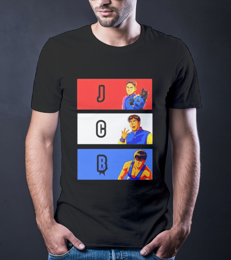 JCB Anime Characters Red White Blue Panels T-Shirt