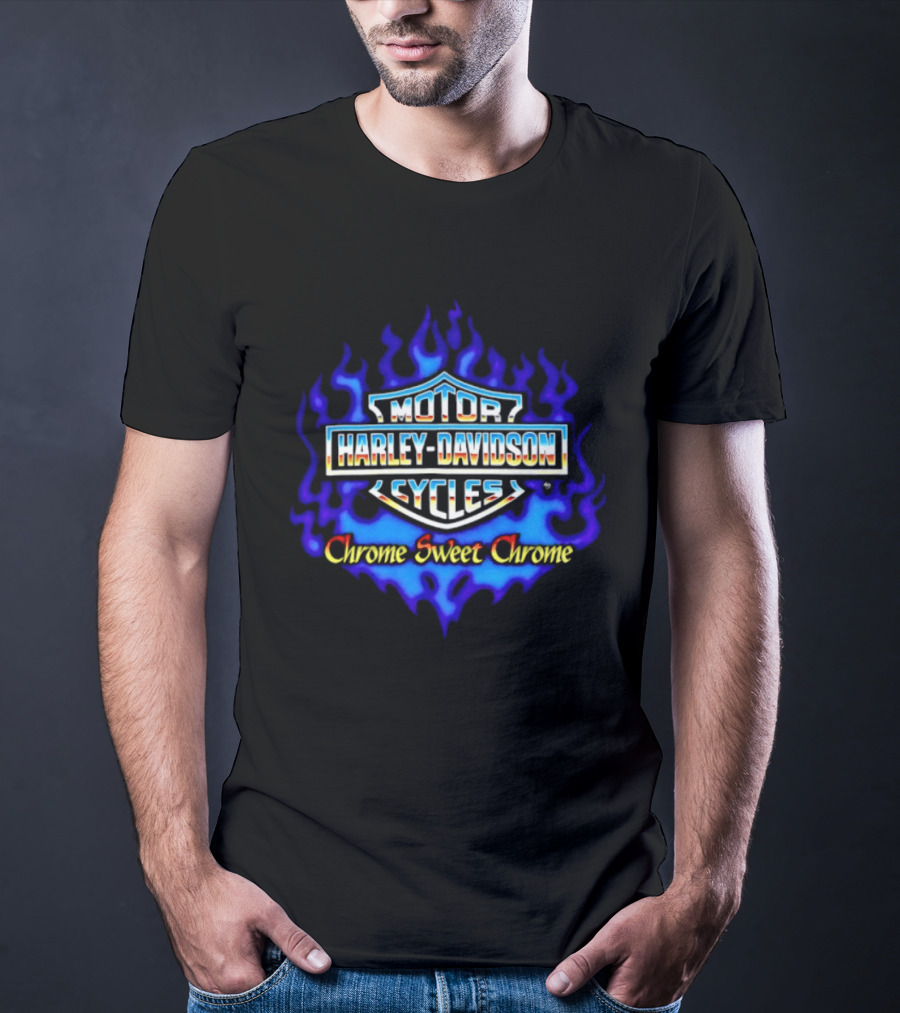 Harley Davidson Motor Cycles Chrome Sweet Chrome Blue Flames T-Shirt