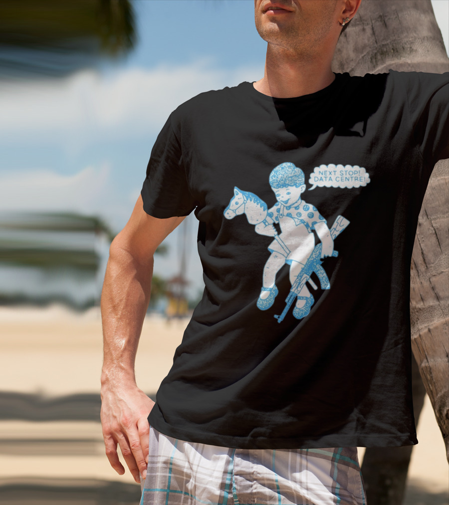 Next Stop Data Centre Kid With Hobby Horse And Toy Rifle Tech Humor T-Shirt