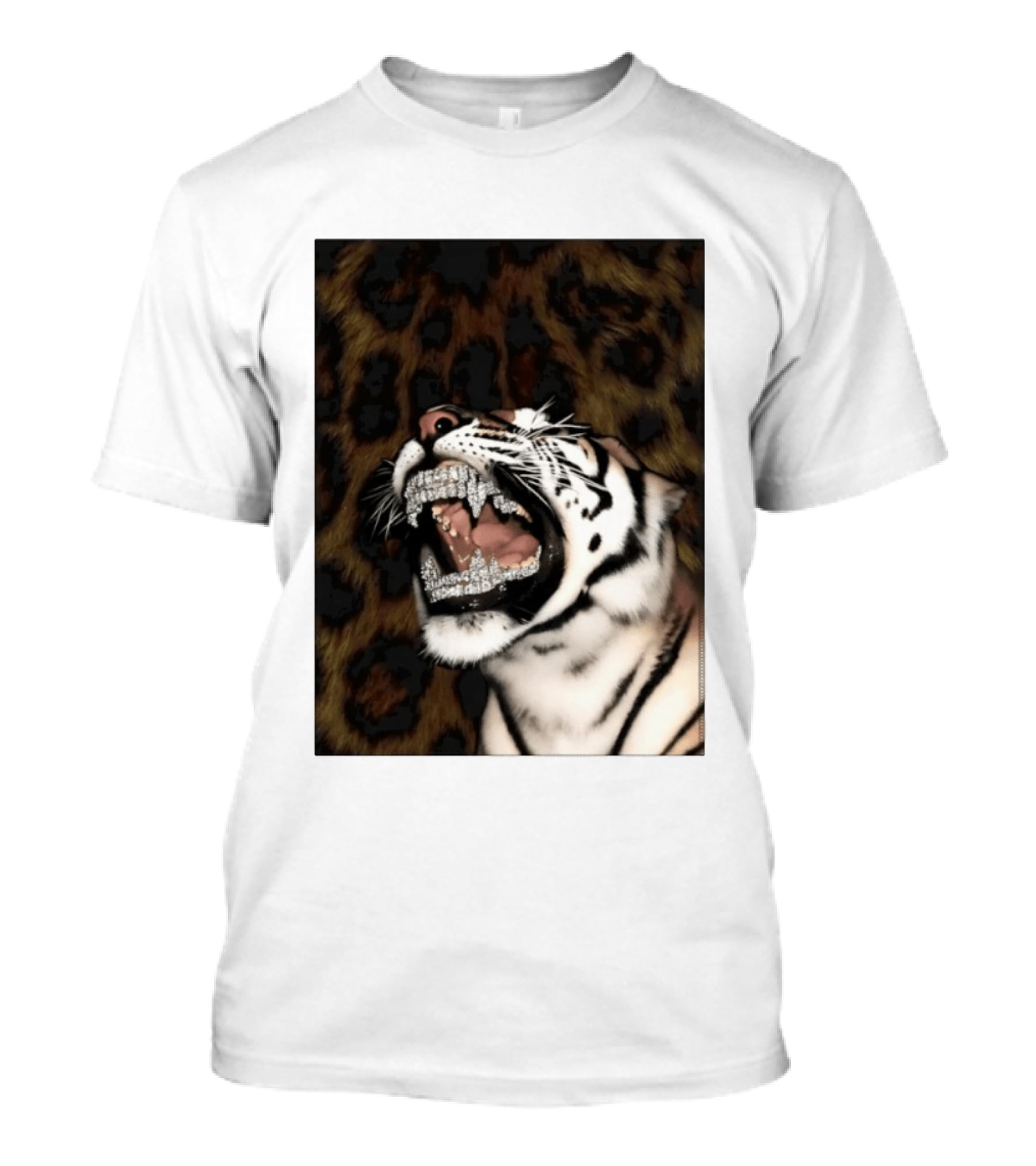 Tiger Diamond Grillz Iced Out Animal Roaring With Leopard Print T-Shirt