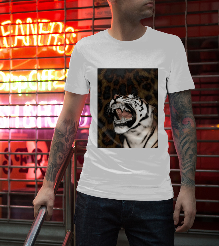 Tiger Diamond Grillz Iced Out Animal Roaring With Leopard Print T-Shirt