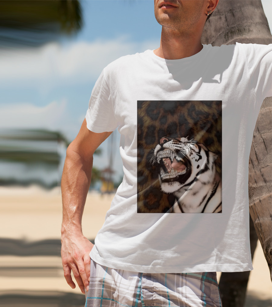 Tiger Diamond Grillz Iced Out Animal Roaring With Leopard Print T-Shirt