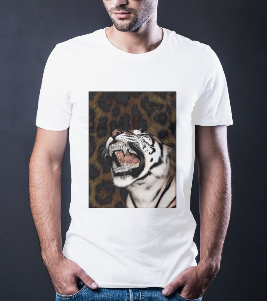 Tiger Diamond Grillz Iced Out Animal Roaring With Leopard Print T-Shirt