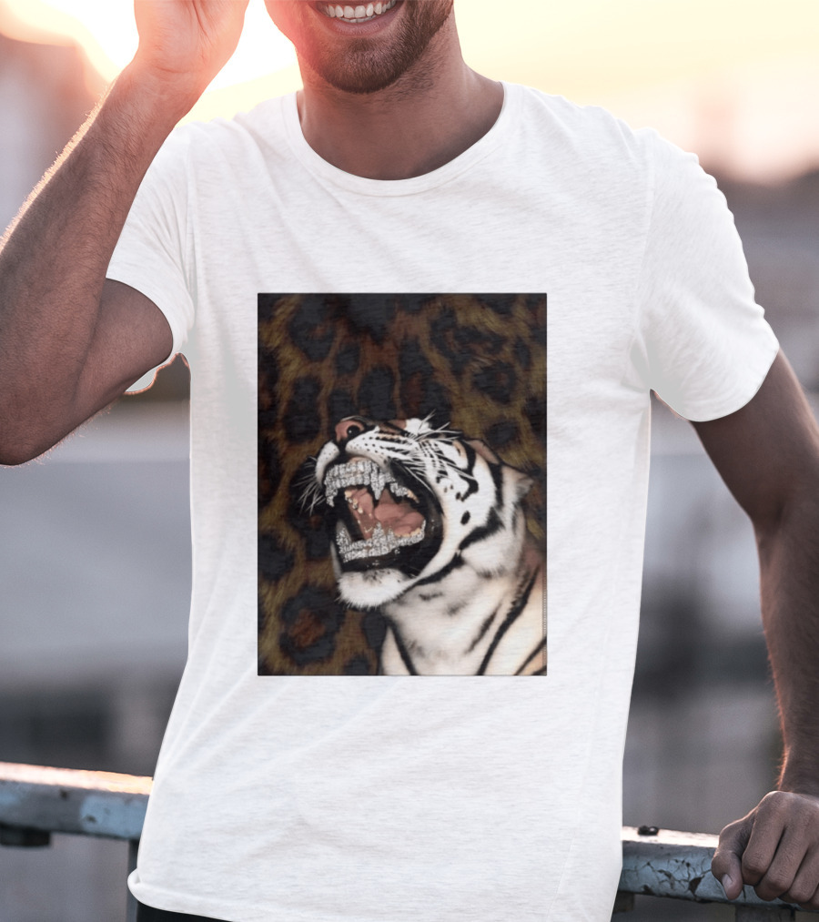 Tiger Diamond Grillz Iced Out Animal Roaring With Leopard Print T-Shirt