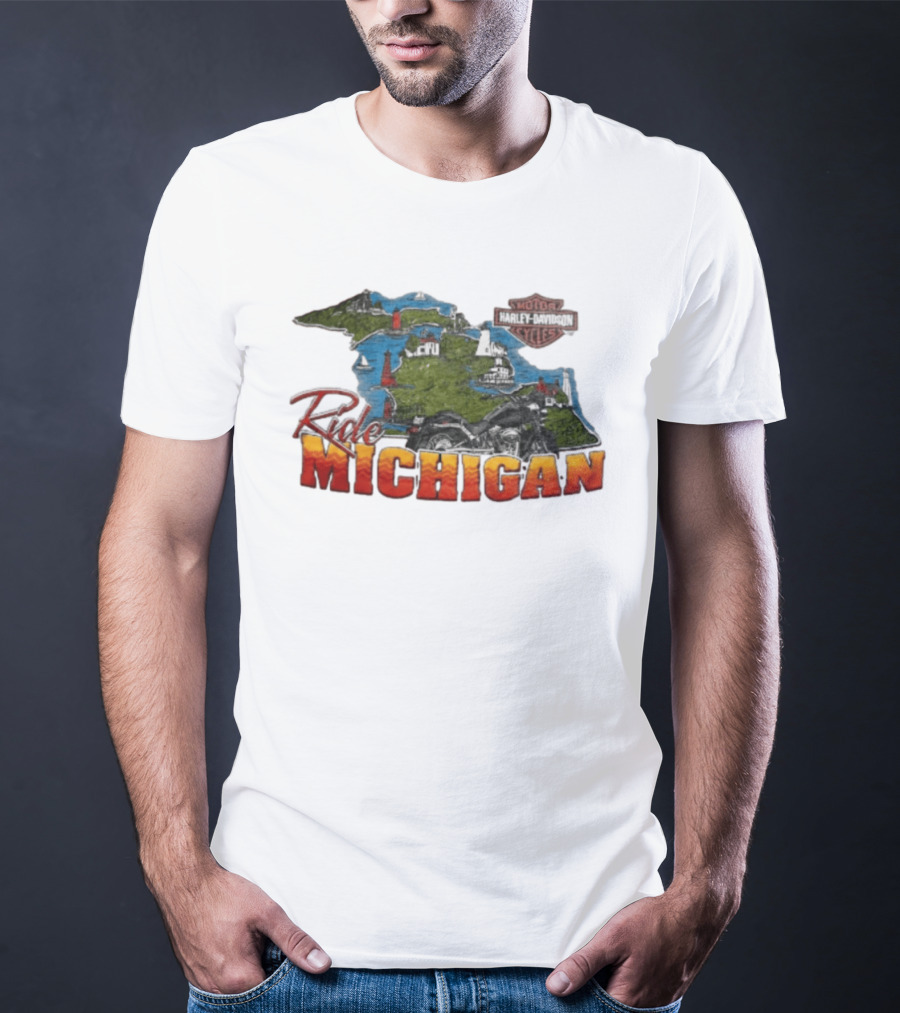 Ride Michigan Harley Davidson Motor Cycles Island Map And Lighthouse T-Shirt