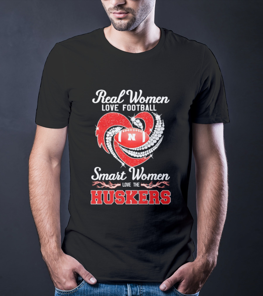 Real Women Love Football Smart Women Love The Nebraska Huskers Football Heart T-Shirt