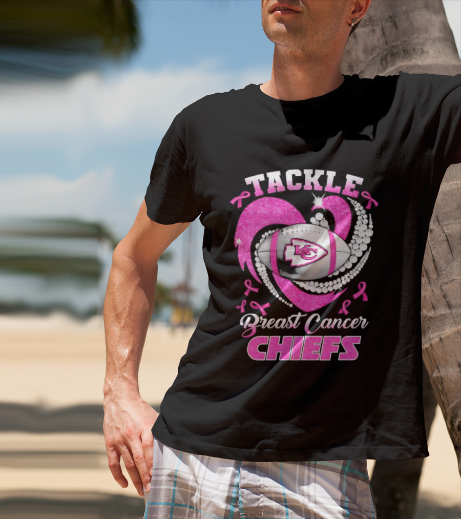 Tackle Breast Cancer Kansas City Chiefs Pink Ribbon Football Heart T-Shirt