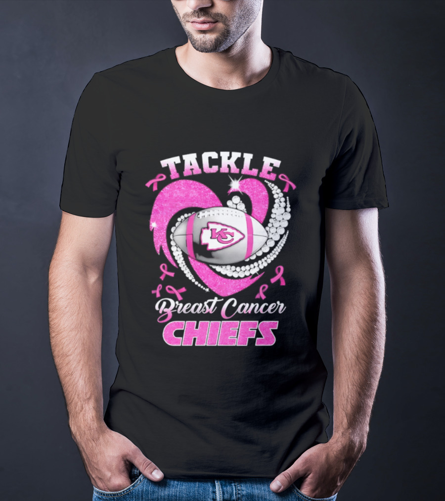Tackle Breast Cancer Kansas City Chiefs Pink Ribbon Football Heart T-Shirt