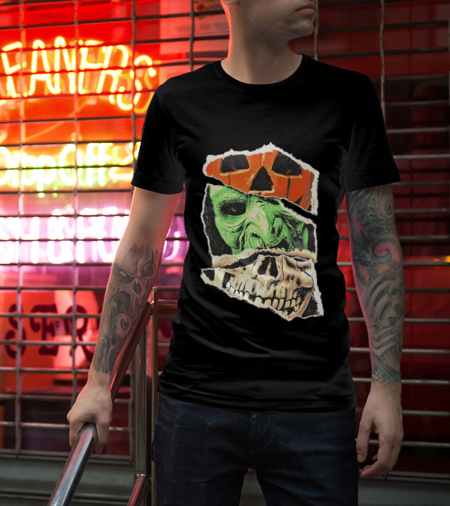 Halloween Trio Three Masks Horror Season Of The Witch Pumpkin Skull Green Mask T-Shirt