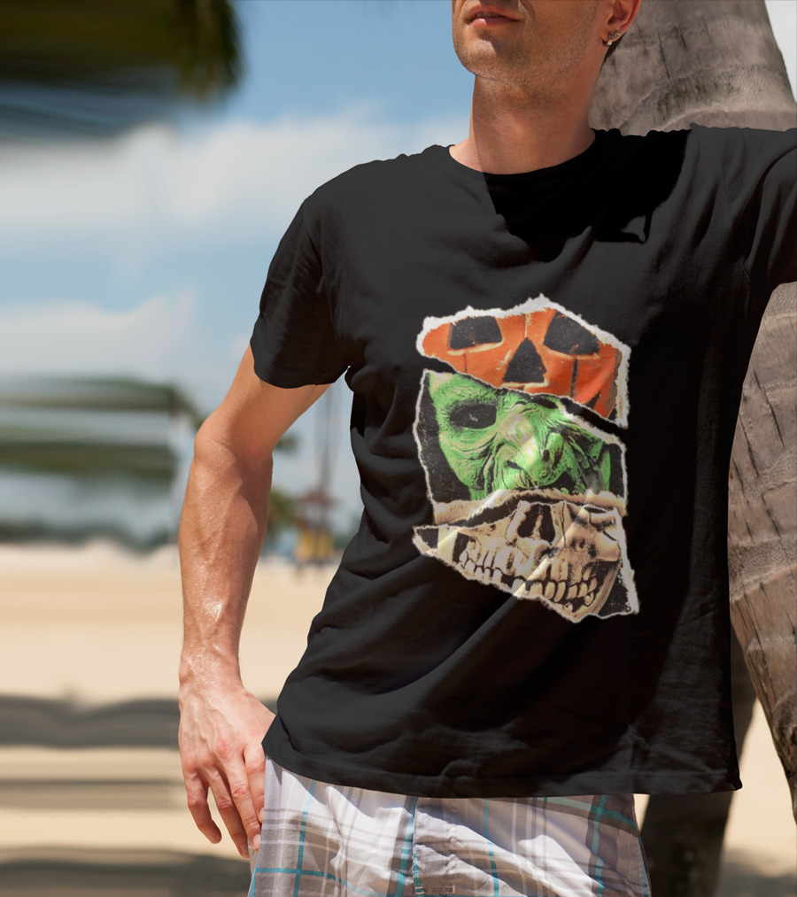 Halloween Trio Three Masks Horror Season Of The Witch Pumpkin Skull Green Mask T-Shirt