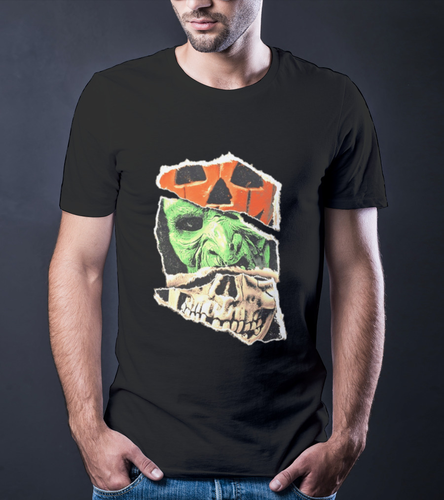 Halloween Trio Three Masks Horror Season Of The Witch Pumpkin Skull Green Mask T-Shirt