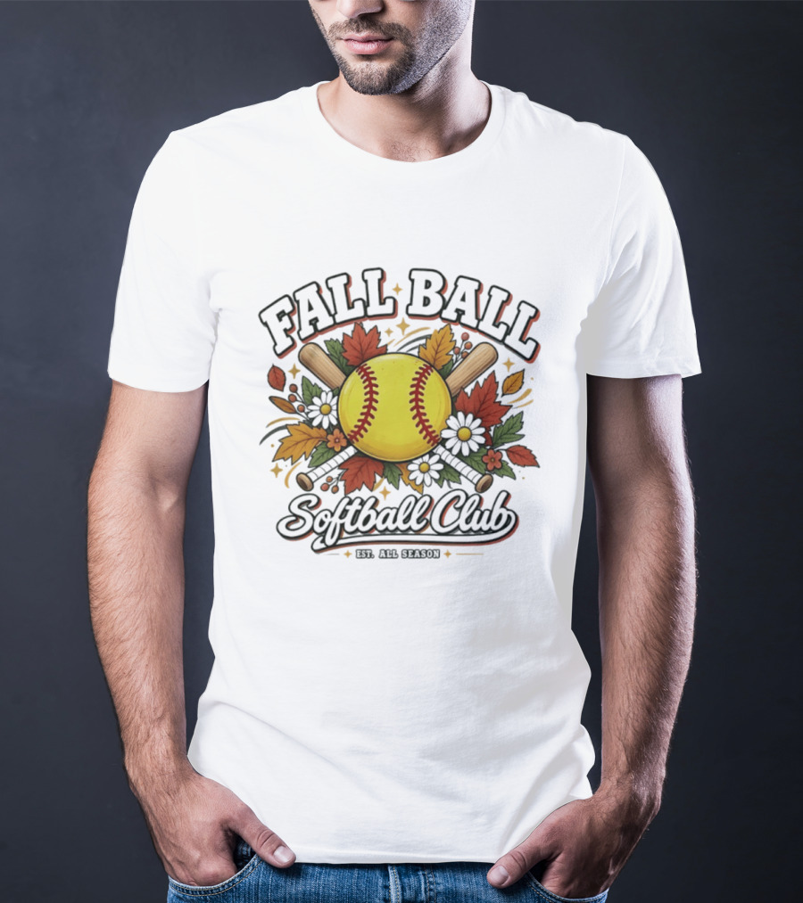 Fall Ball Softball Club Established All Season Autumn Leaves And Bats T-Shirt