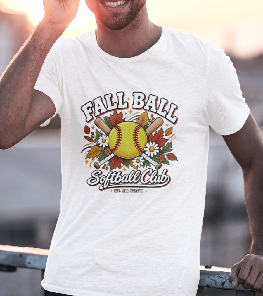 Fall Ball Softball Club Established All Season Autumn Leaves And Bats T-Shirt