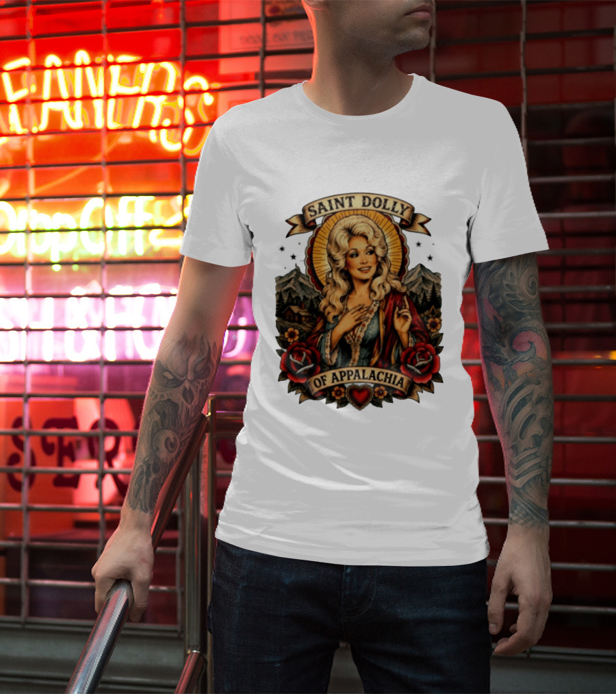 Saint Dolly Of Appalachia Iconic Tribute With Roses And Mountains T-Shirt