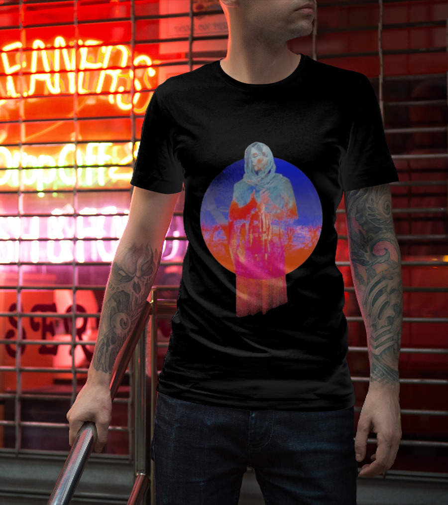 Hot Spot Eclipse Surreal Mystical Figure Eerie Hooded Apparition In Vibrant Color Spectrum T-Shirt