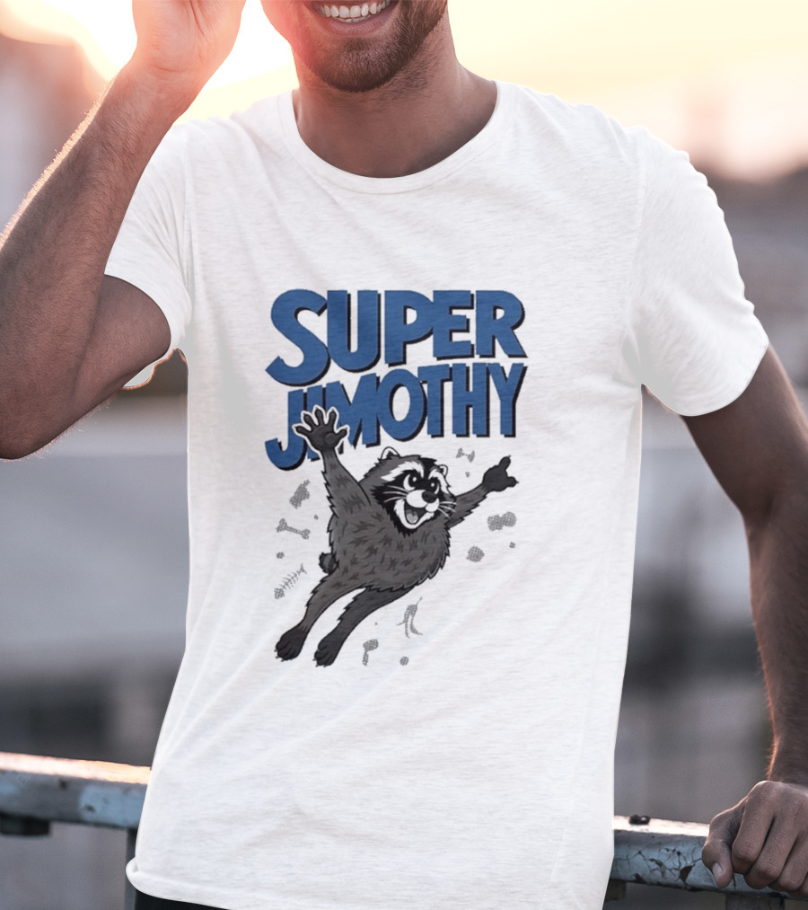 Super Jimothy Leaping Raccoon Playful Adventure T-Shirt
