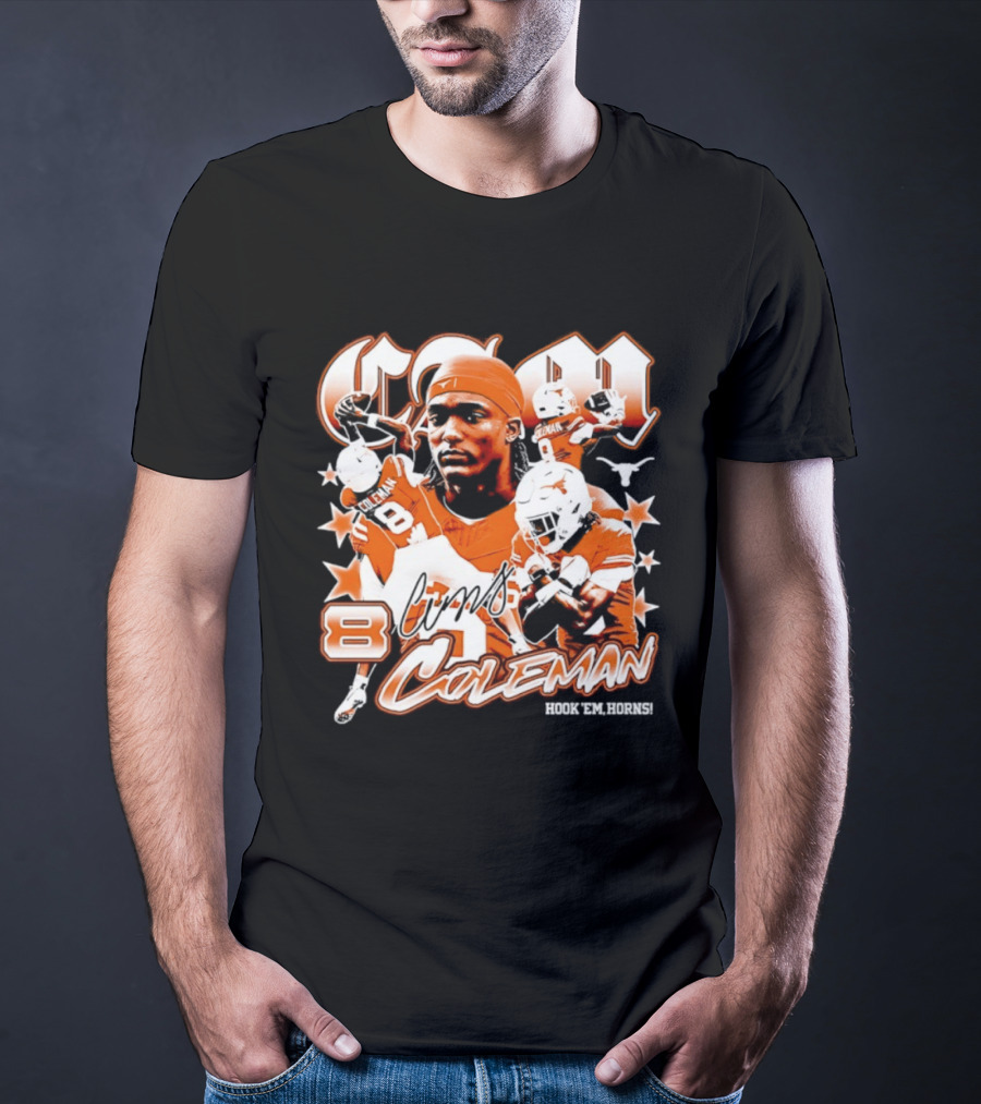 Cameron Coleman 8 Texas Longhorns NCAA Football Star Player Action T-Shirt