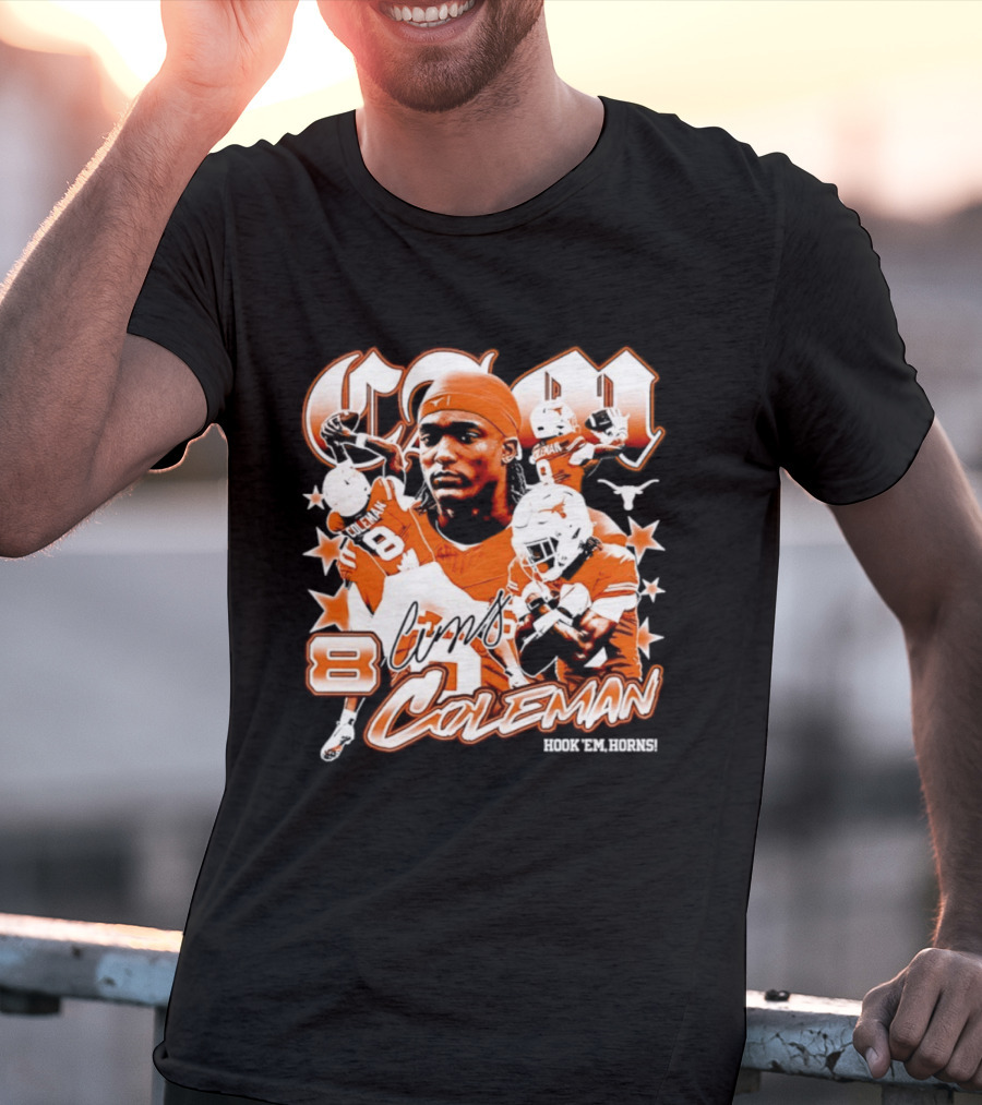 Cameron Coleman 8 Texas Longhorns NCAA Football Star Player Action T-Shirt