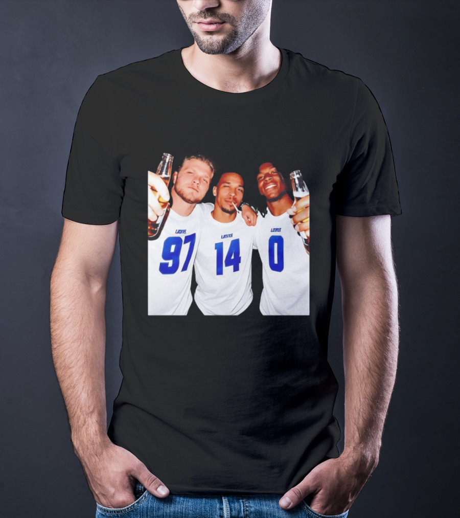 Detroit Lions Aidan Hutchinson Amon Ra St. Brown Jahmyr Gibbs Holding Beer Bottles Smoking Celebration T-Shirt