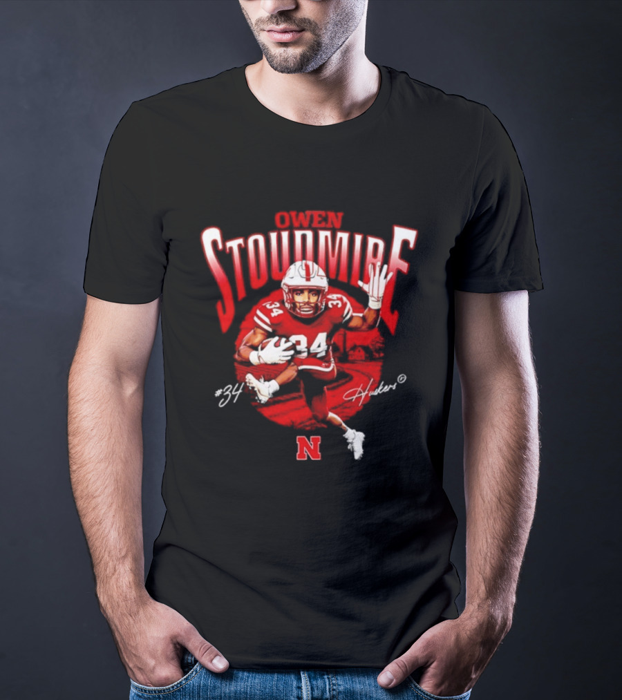 Owen Stoudmire 34 Nebraska Cornhuskers Football Player Caricature Huskers Signature T-Shirt