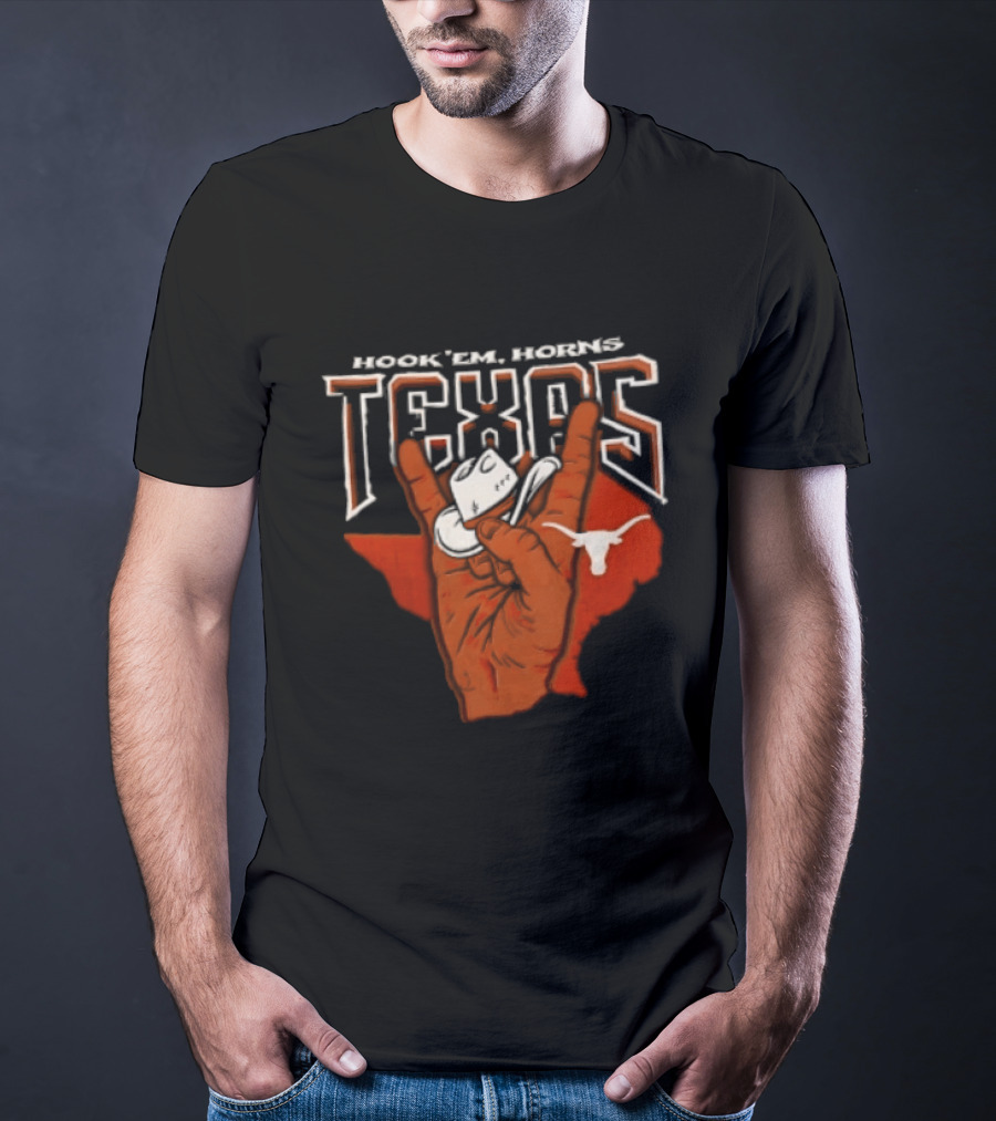 Hook 'em Texas Longhorns Hand Sign With Cowboy Hat And Longhorn T-Shirt