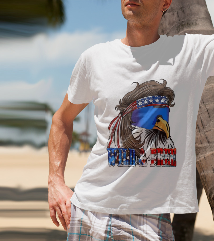 Wild And Free Bald Eagle USA Flag Bandana And Sunglasses T-Shirt