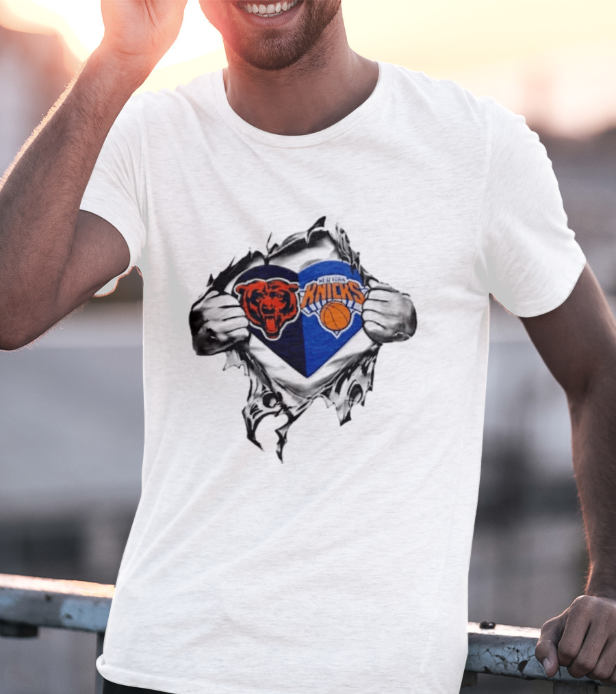 Chicago Bears New York Knicks Heart Symbol Fan Pride Collaboration T-Shirt