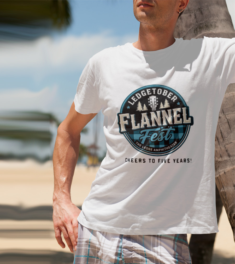 LedgeTober Flannel Fest The Ledge Amphitheater Cheers To Five Years Celebration With Trees And Guitar T-Shirt