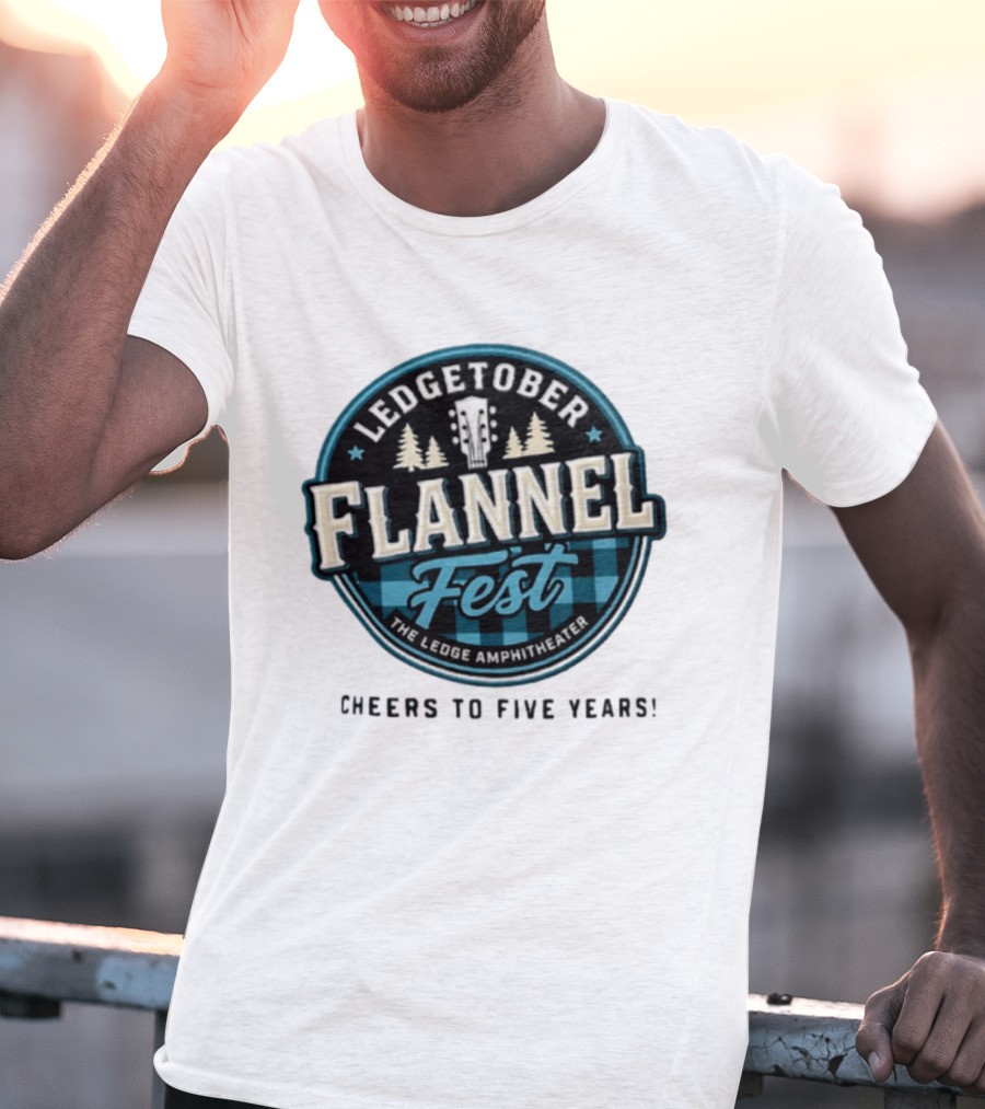 LedgeTober Flannel Fest The Ledge Amphitheater Cheers To Five Years Celebration With Trees And Guitar T-Shirt