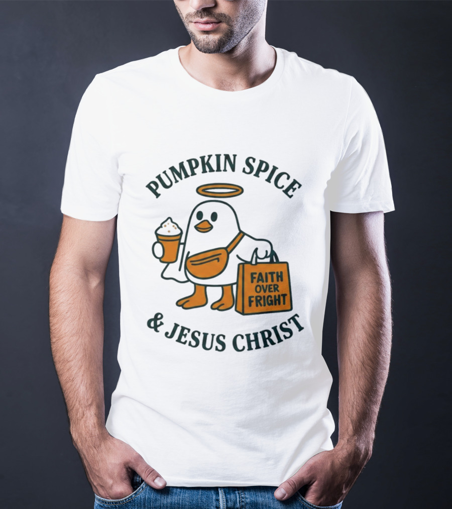 Pumpkin Spice Jesus Christ Faith Over Fright Angelic Penguin Coffee T-Shirt