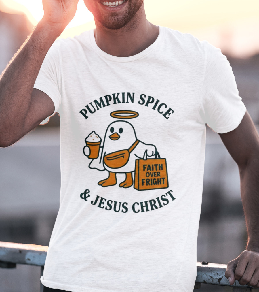 Pumpkin Spice Jesus Christ Faith Over Fright Angelic Penguin Coffee T-Shirt